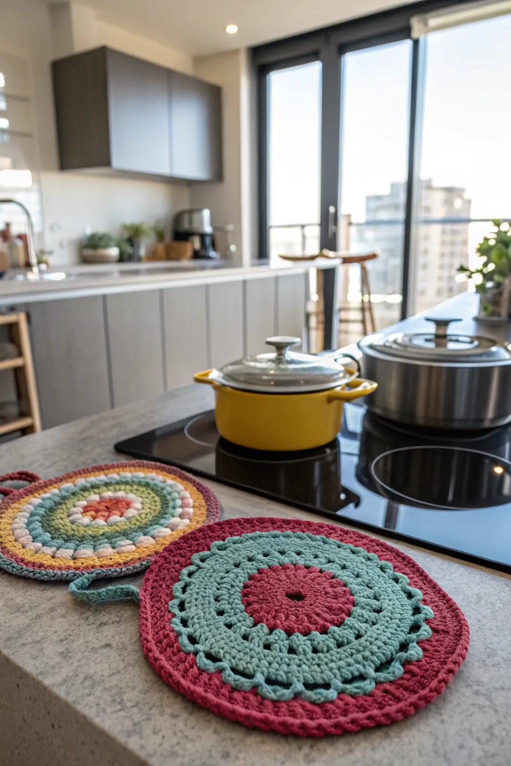 Practical and stylish crochet pot holders for the home chef.