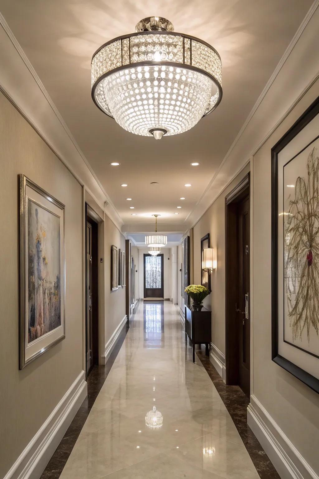 A transitional flush mount light offers stylish illumination in a hallway.