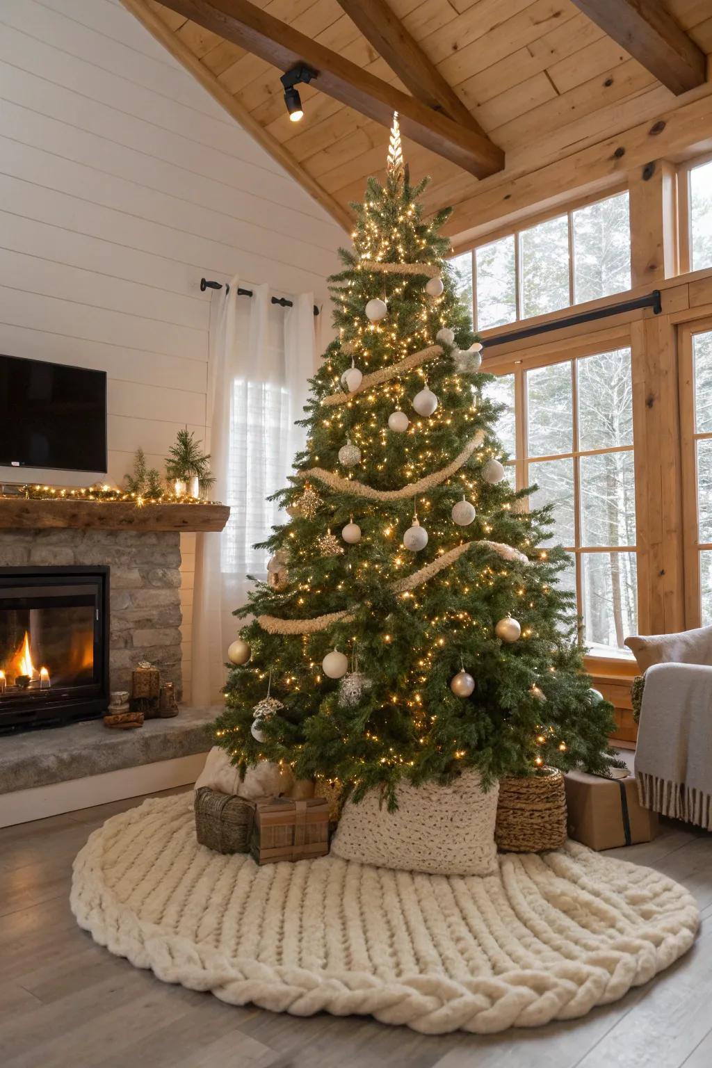 A chunky knit blanket adds warmth and texture under the tree.