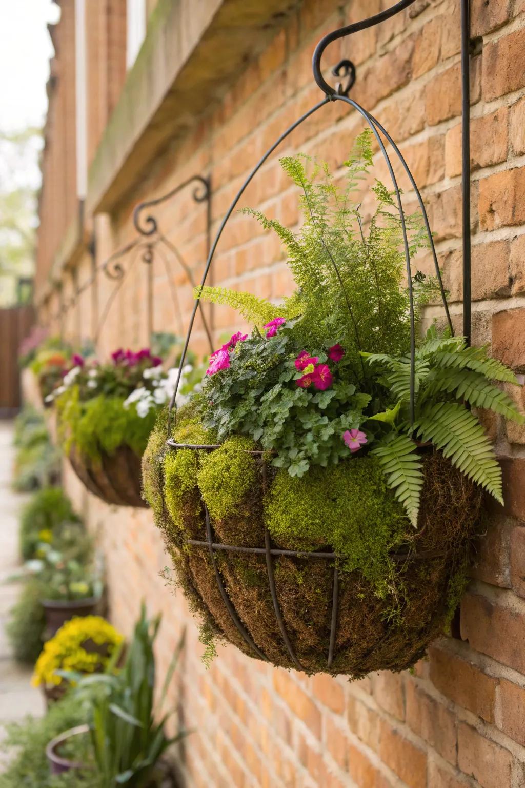 Wire baskets create an industrial-chic look for hanging plants.