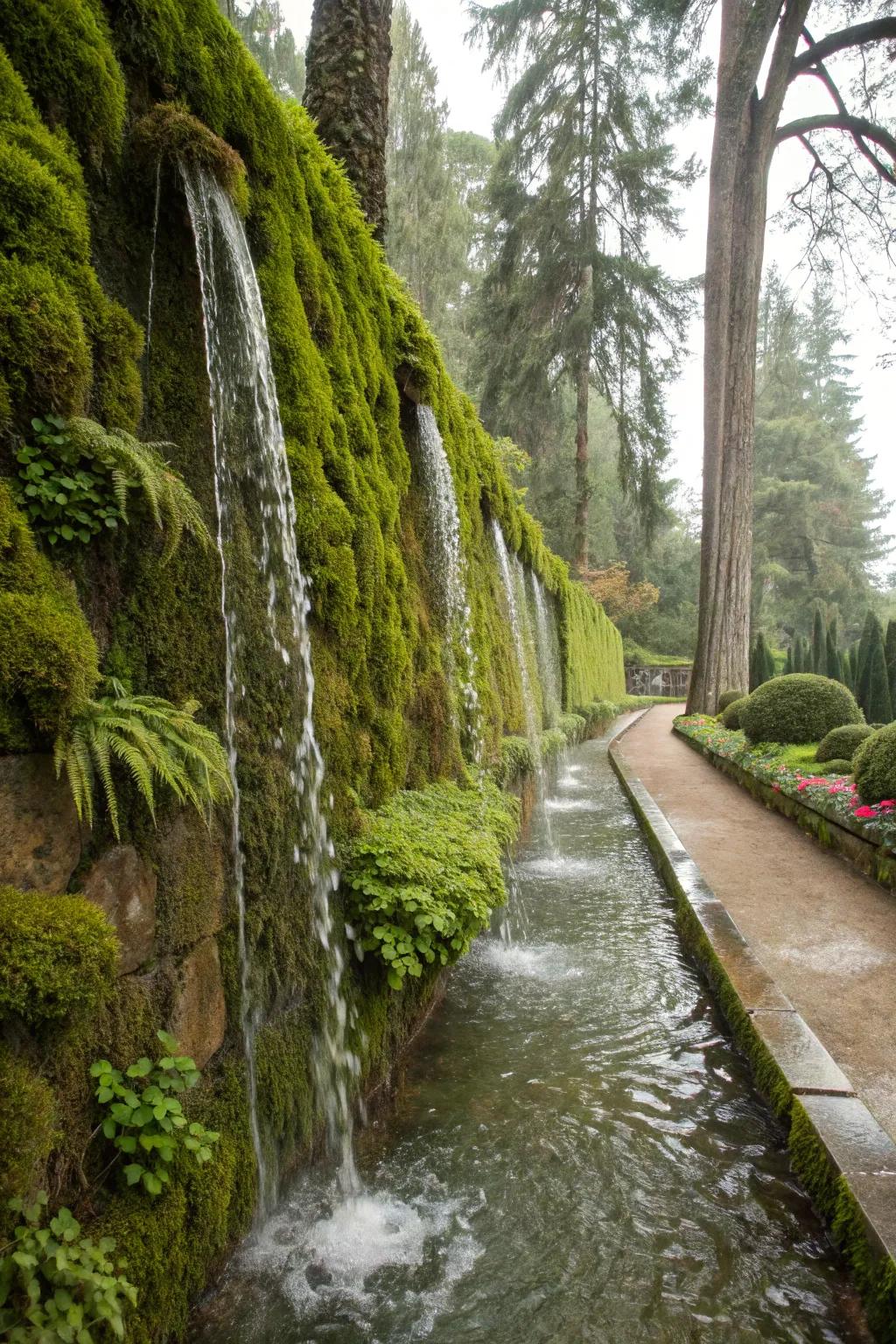 Enjoy the beauty and tranquility of a moss-covered water wall.