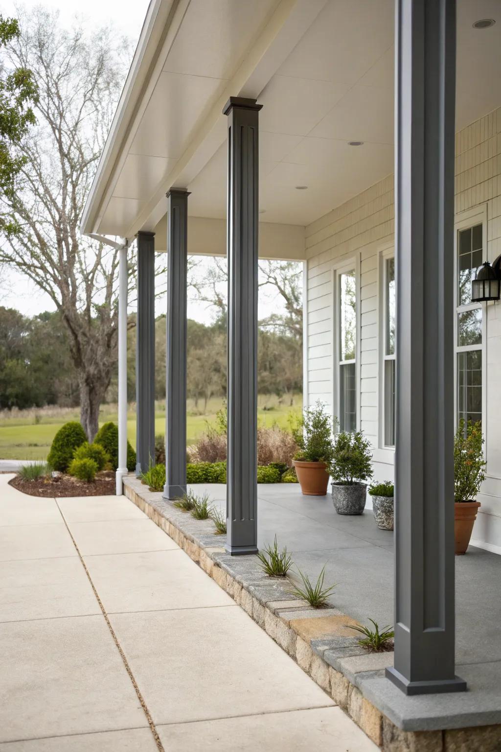 Modern steel columns lend a sleek, contemporary edge