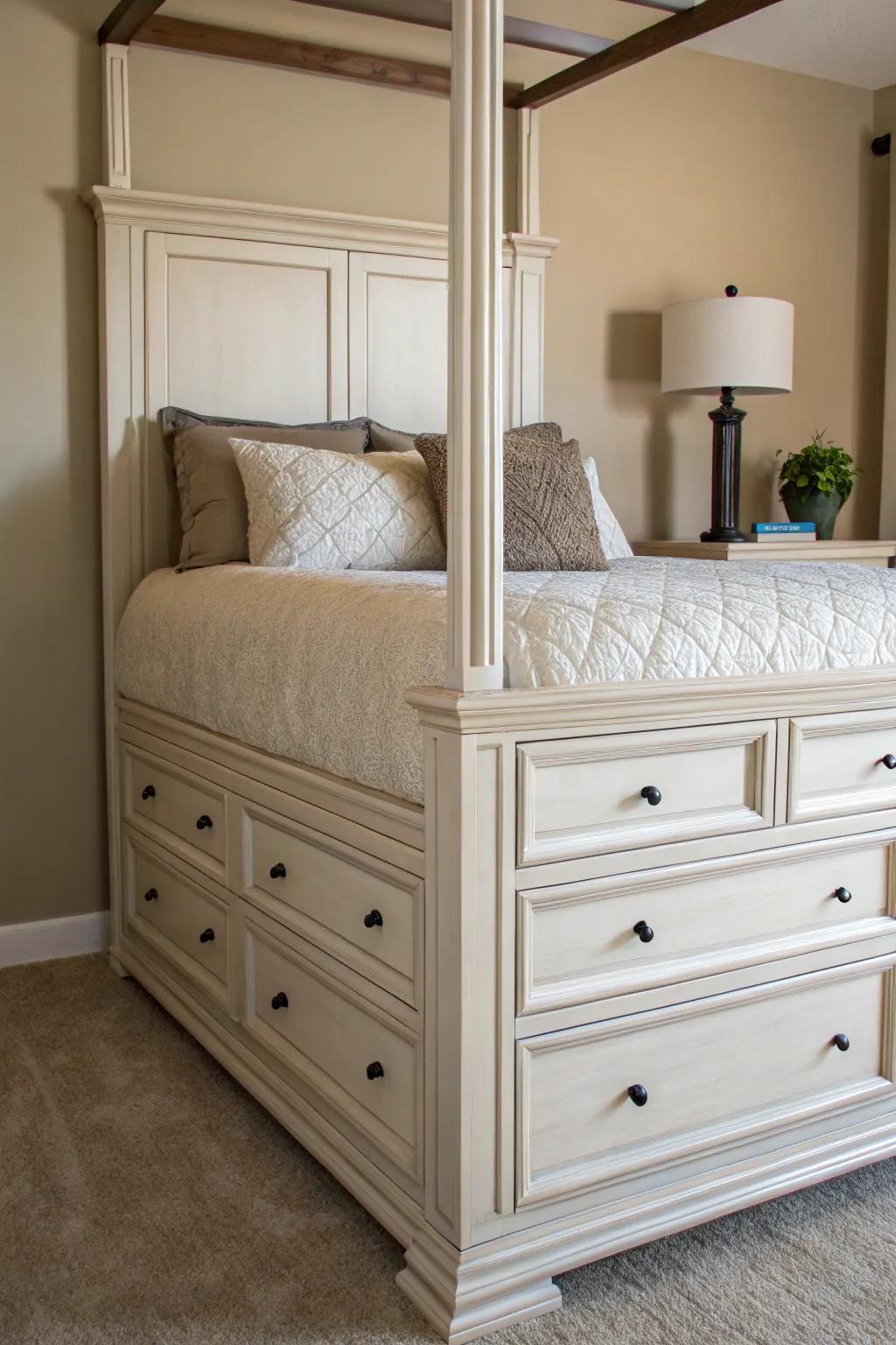 A tall dresser complements higher beds, ensuring easy access and visual harmony.