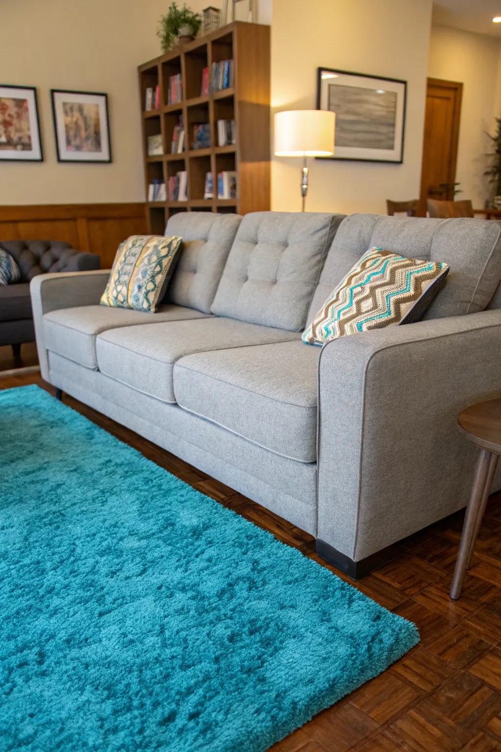 Bright blue rugs create a stunning focal point in a living room with a grey couch.