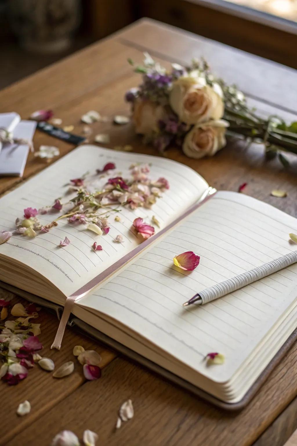 A personal journal adorned with dried petals from a wedding bouquet, resting on a wooden desk.