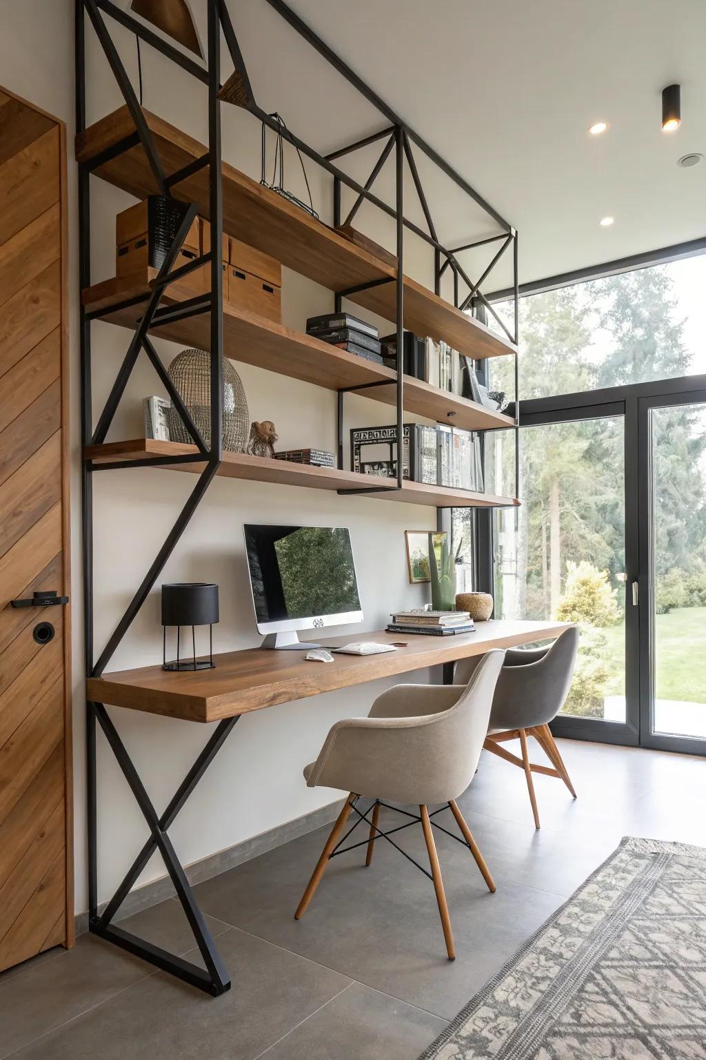 Geometric wooden shelf brackets add modern flair to this office space.