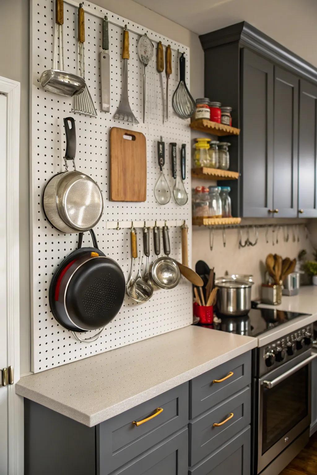 Pegboards offer flexible storage solutions.