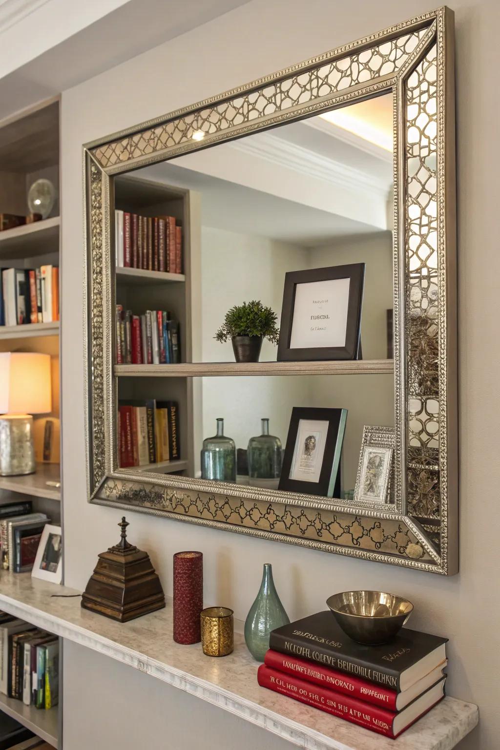 A practical wall shelf created from a repurposed mirror frame.