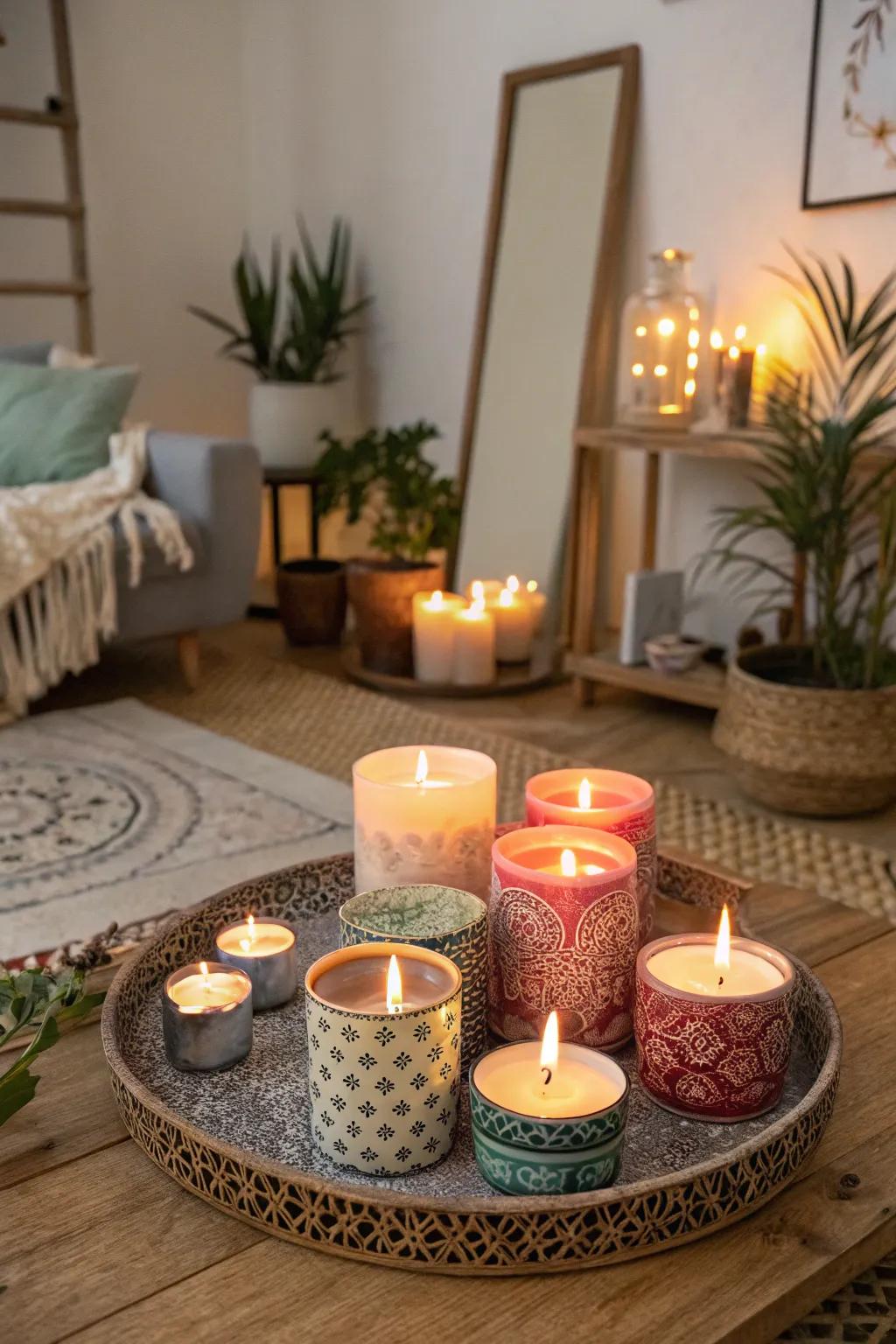 Scented candles create a warm and inviting atmosphere.