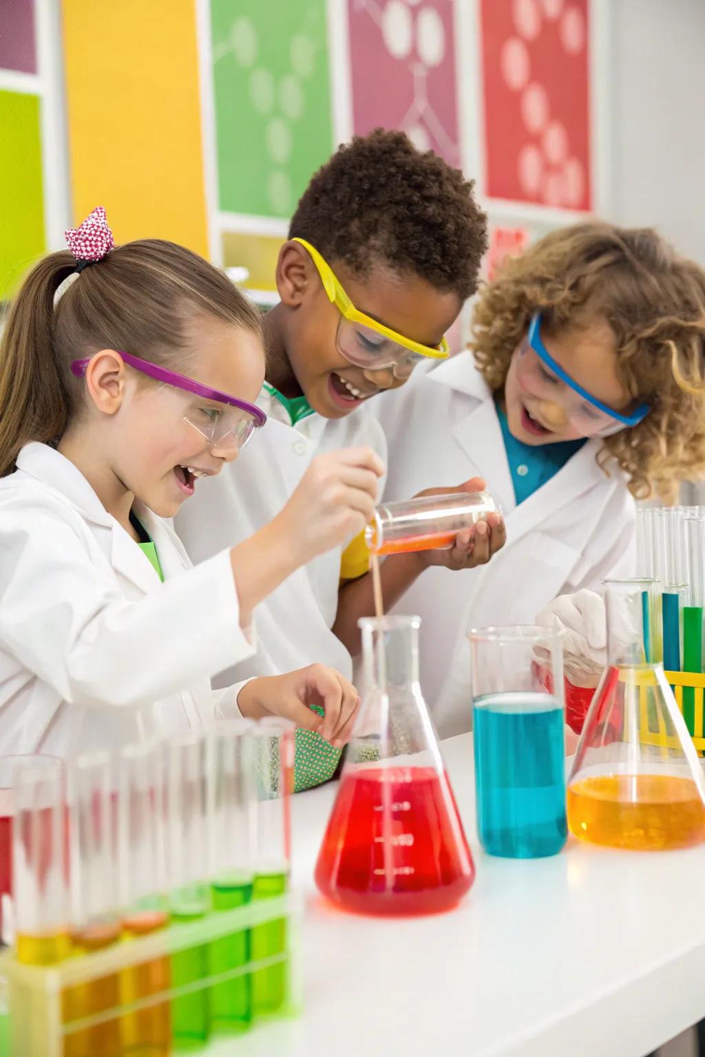 Kids exploring science experiments at an indoor birthday party.