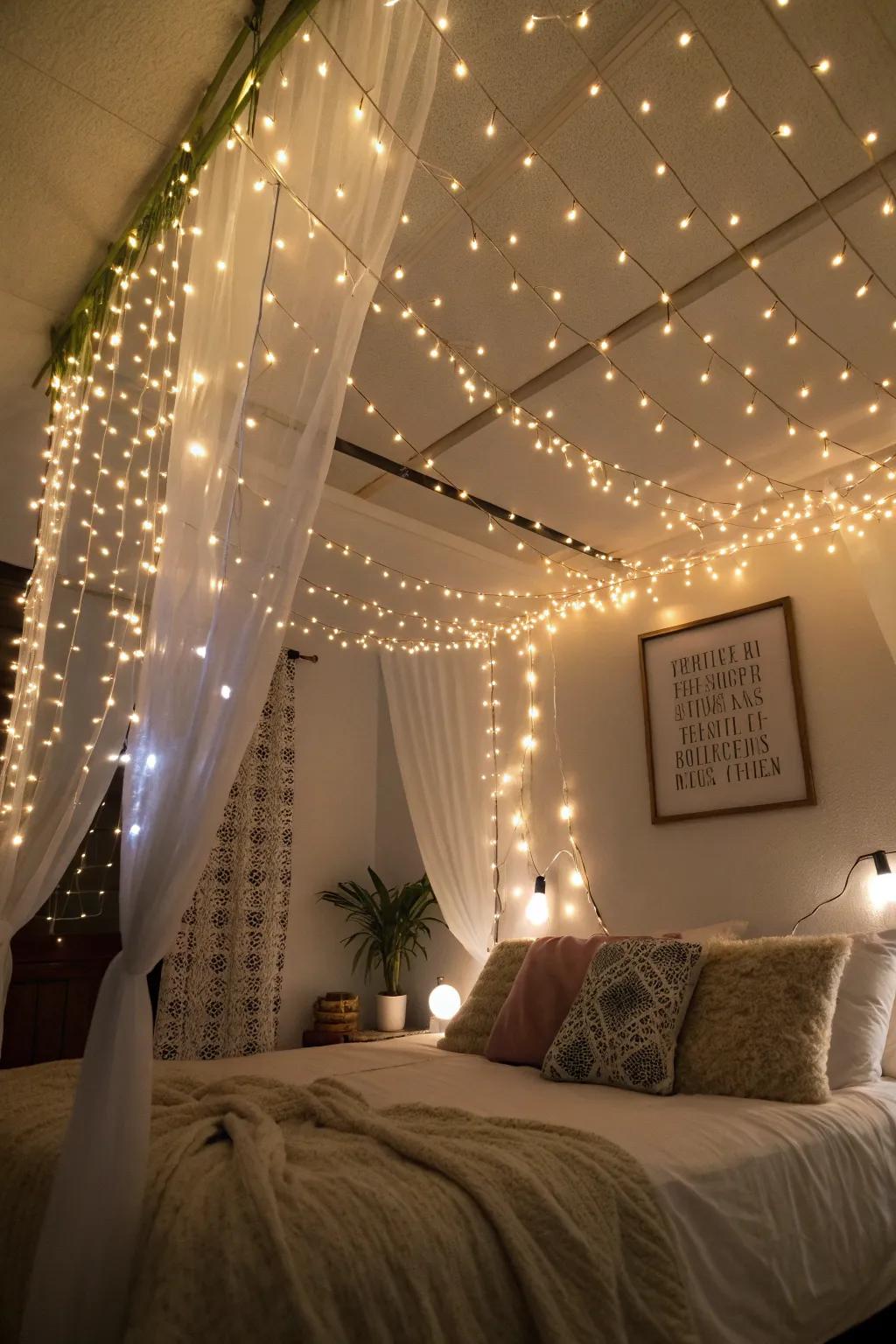 Turn any room into a dreamy space with ceiling string lights.