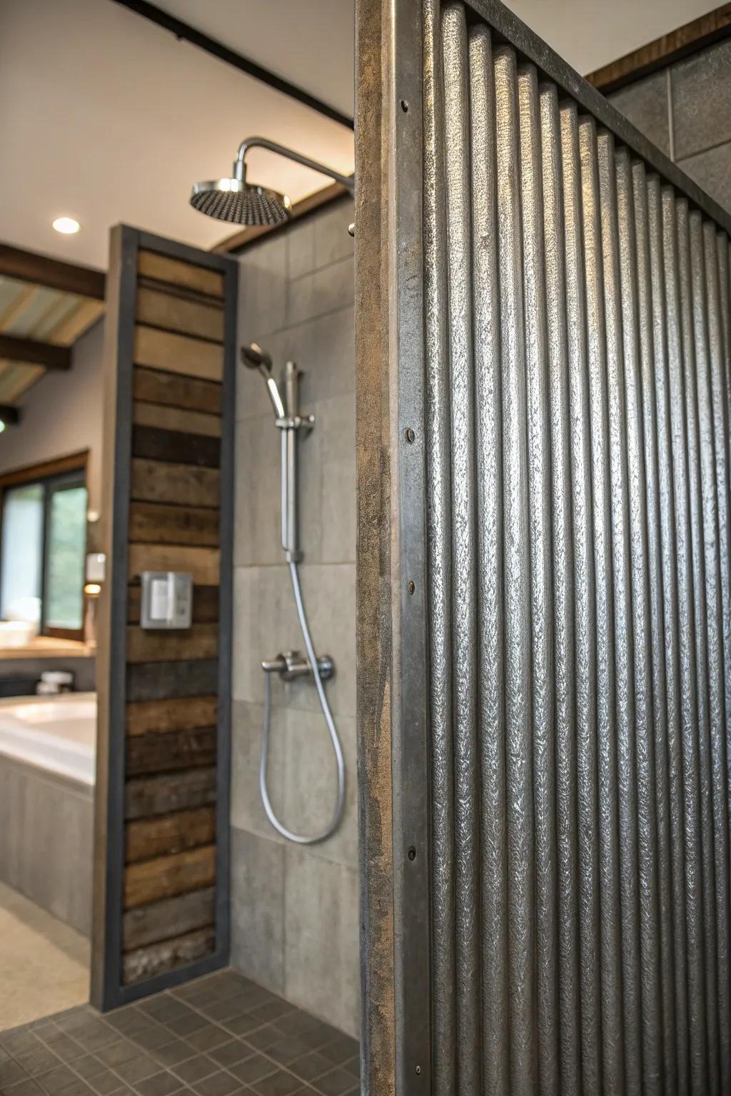 Corrugated metal panels bring an industrial flair to your shower space.