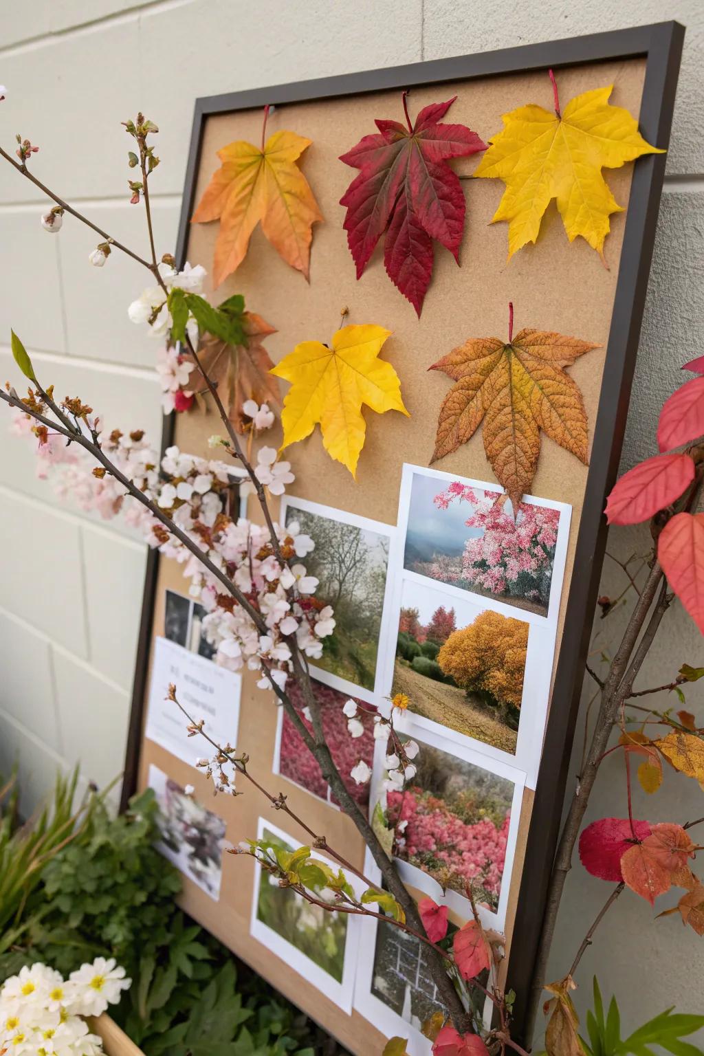 An inspiration board featuring seasonal elements such as autumn leaves and spring blossoms.