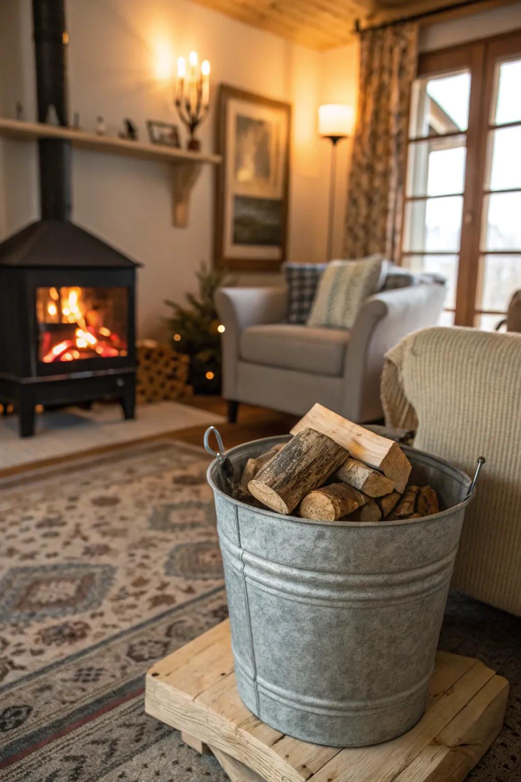 A galvanized bucket keeps firewood stylishly organized.