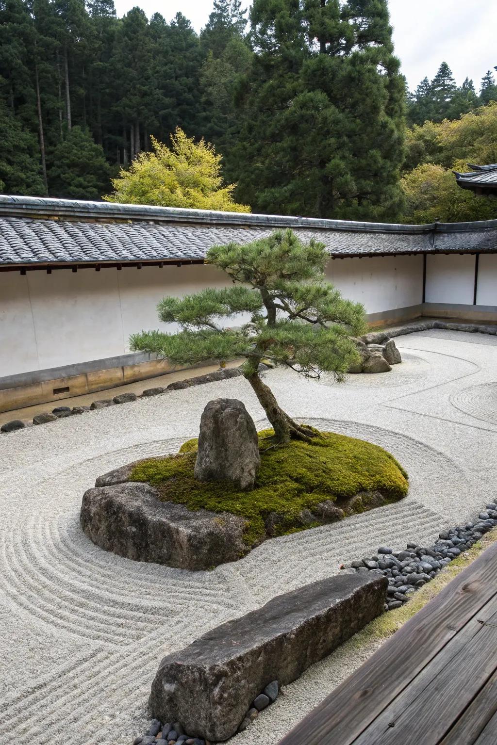 A delicate bonsai tree in a tranquil zen garden.