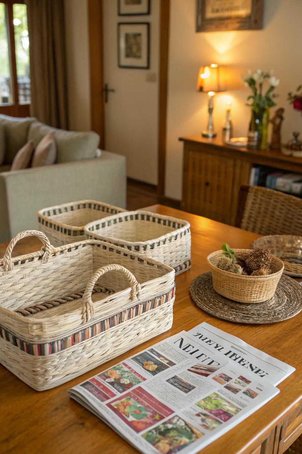 Turn old newspapers into charming woven baskets and placemats.