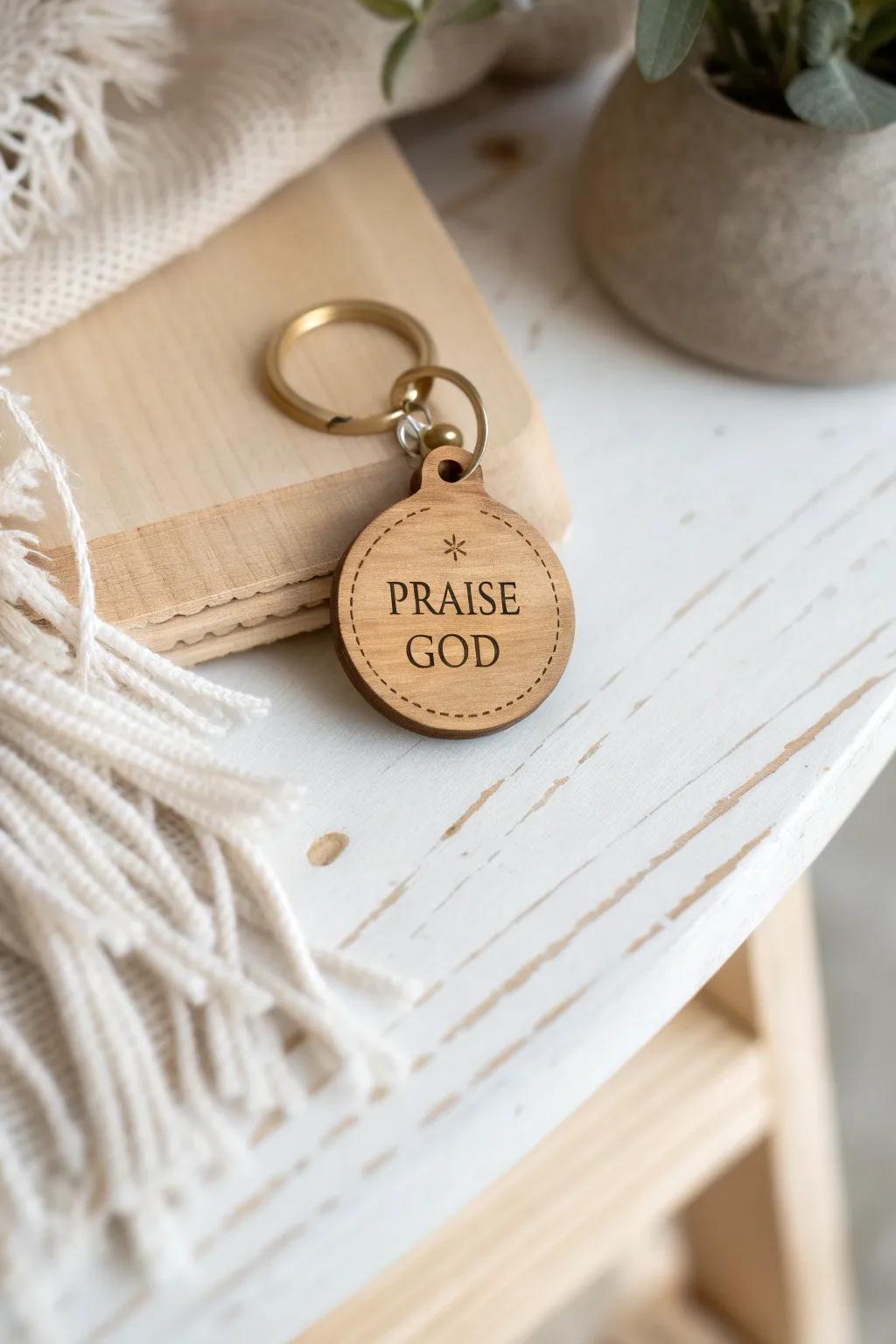 Carry a piece of serenity with you: a beautifully crafted 'Praise God' keychain for daily inspiration.