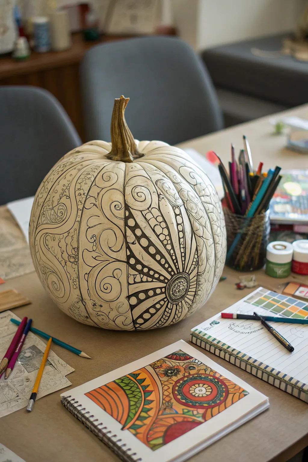 Intricate Zentangle patterns turn this pumpkin into art.