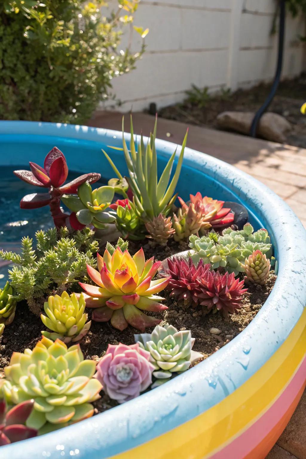 A stunning succulent display in a repurposed kiddie pool.