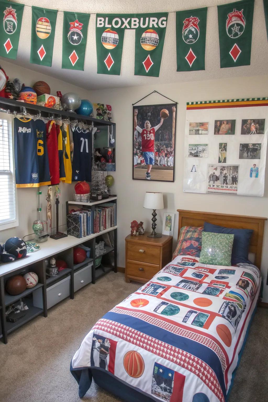 A sports-themed bedroom tailored for young athletes and enthusiasts.