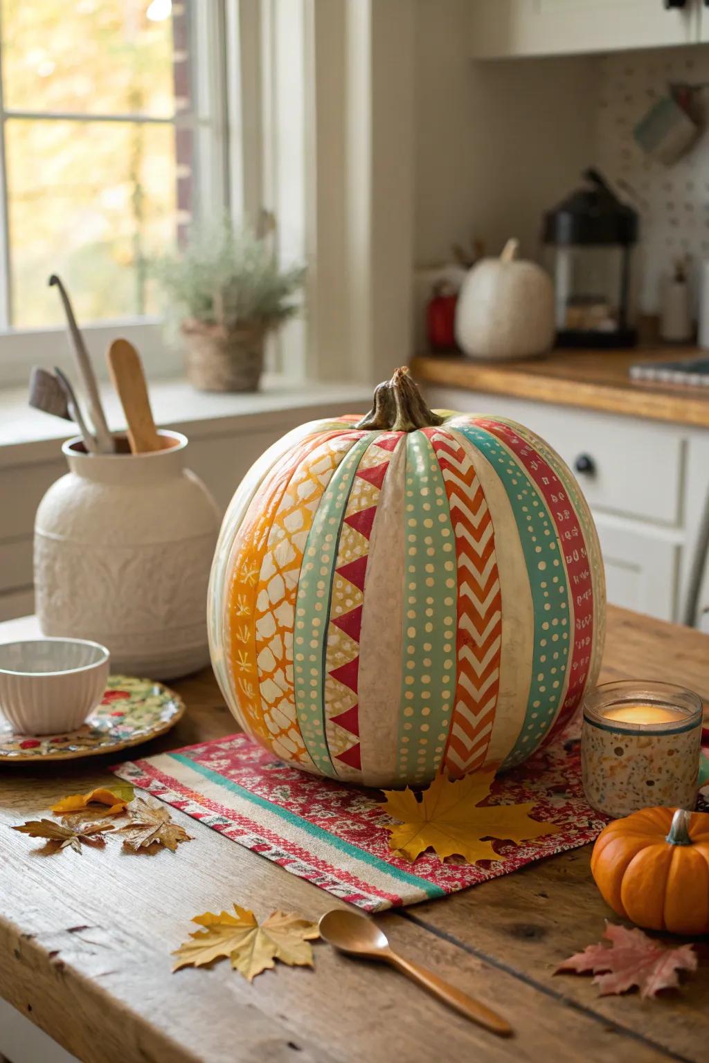 A pumpkin adorned with vibrant washi tape designs, adding a modern touch to fall decor.