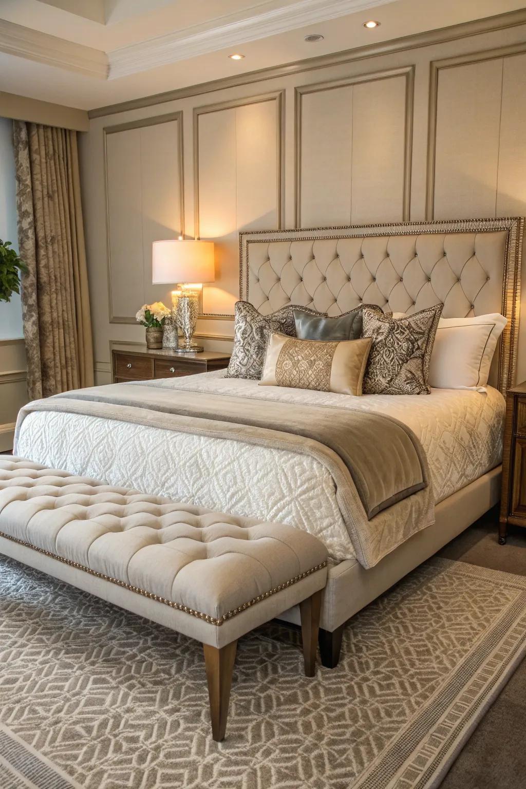 A bench at the foot of the bed adds both functionality and style.