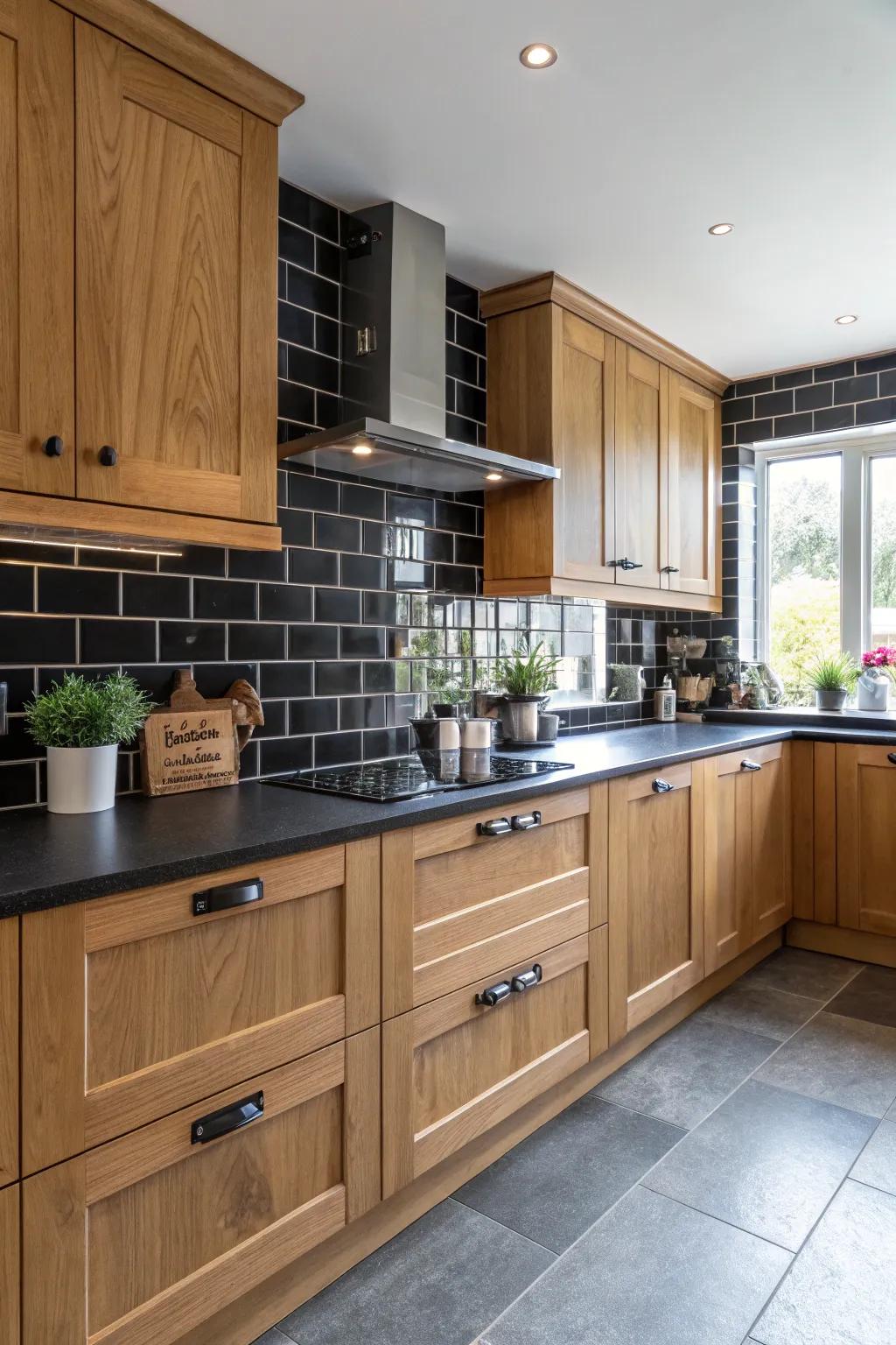 A bold black backsplash creating a striking contrast with oak.