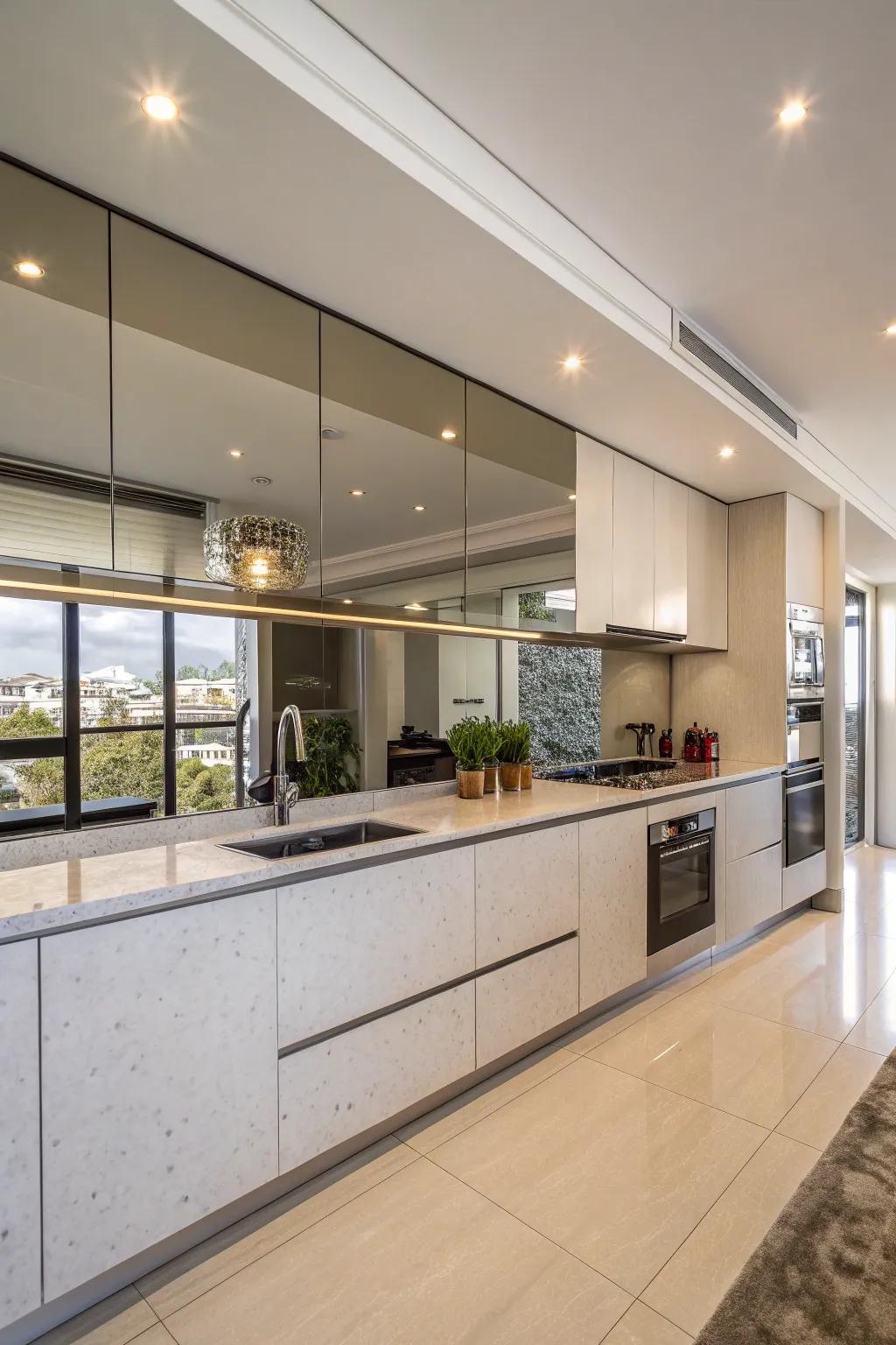 Mirrored panels add light and a sense of spaciousness to your kitchen.