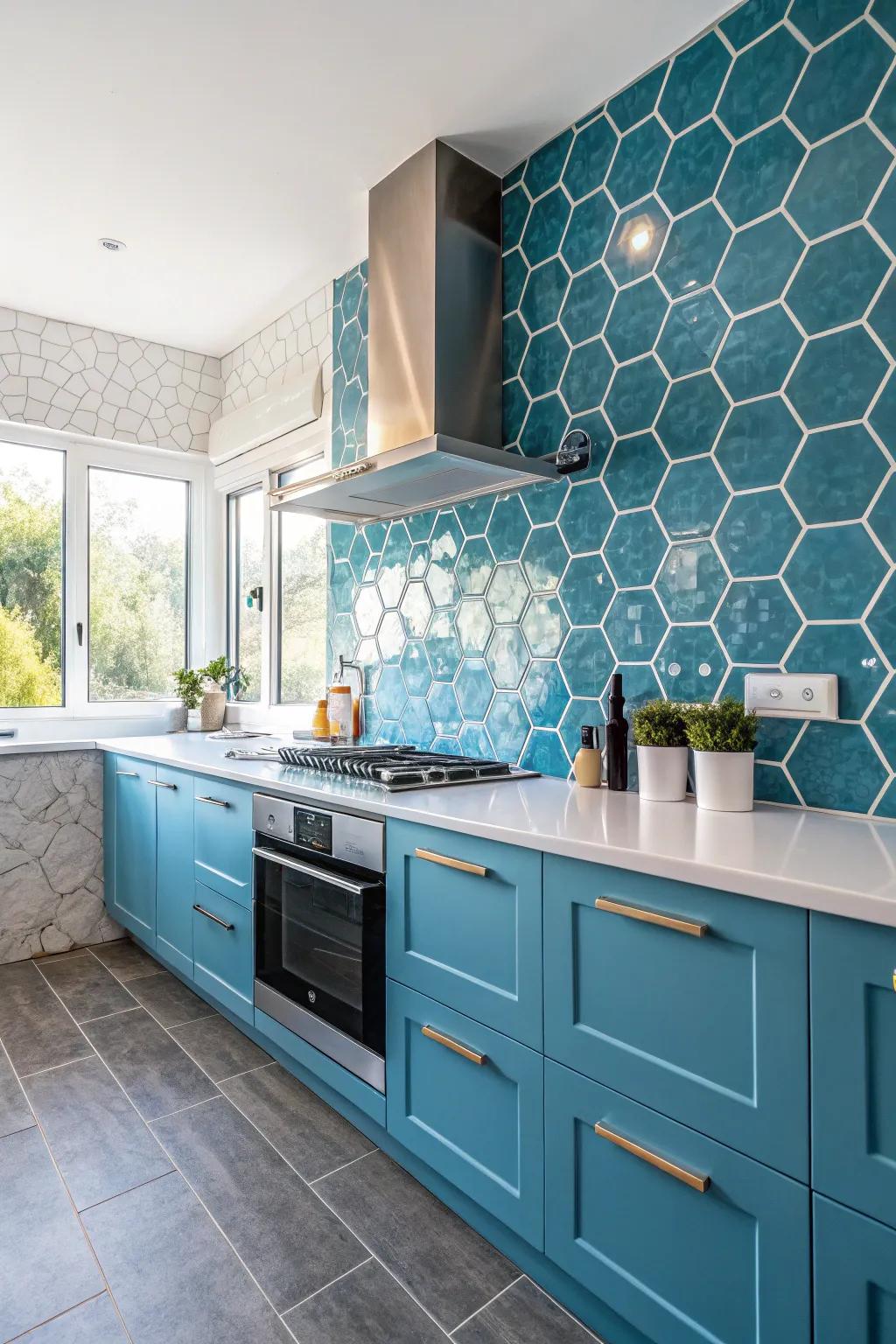 Hexagonal tiles add a modern geometric touch.