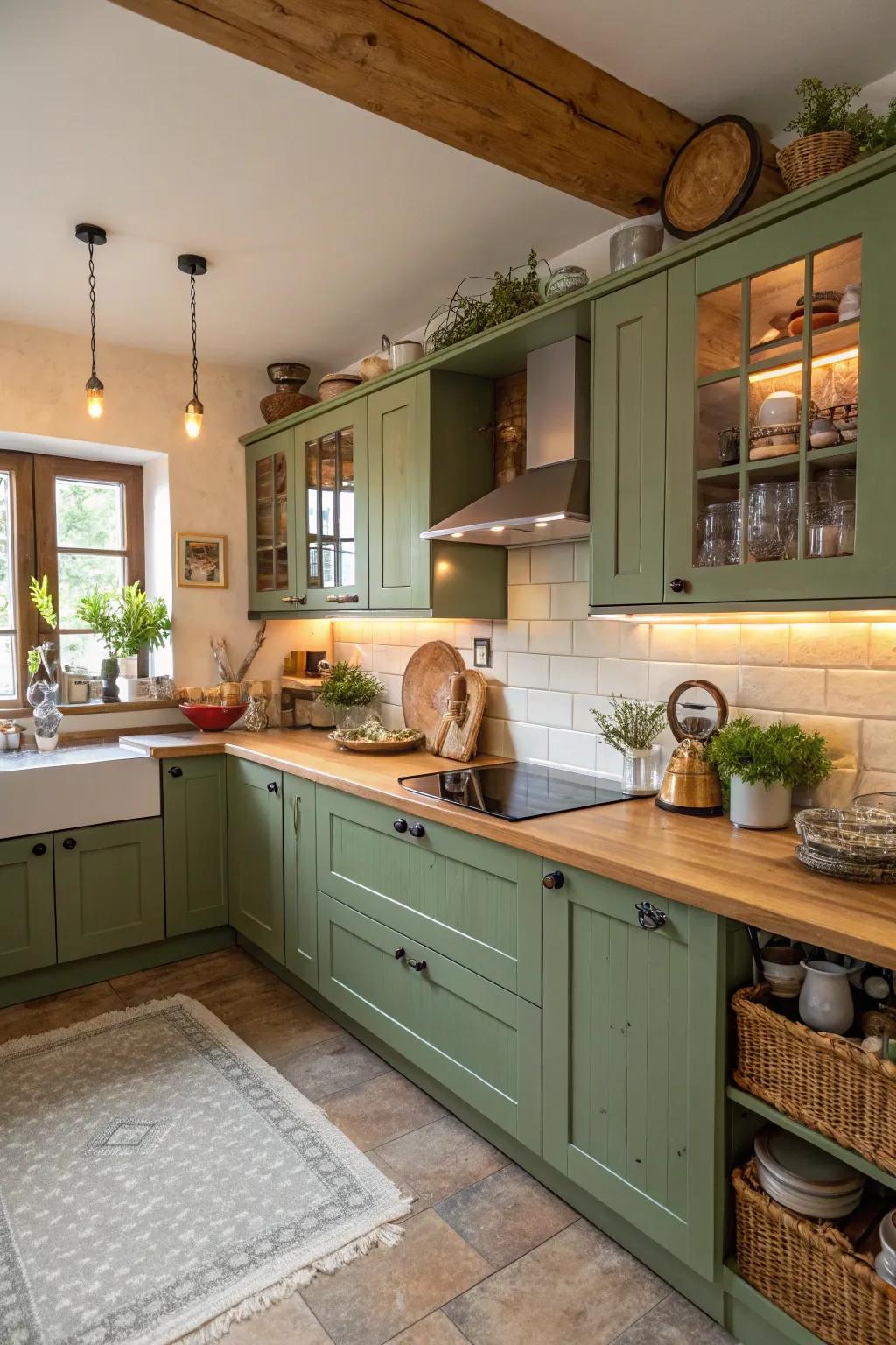 Earthy green cabinets bring a touch of nature to your kitchen.