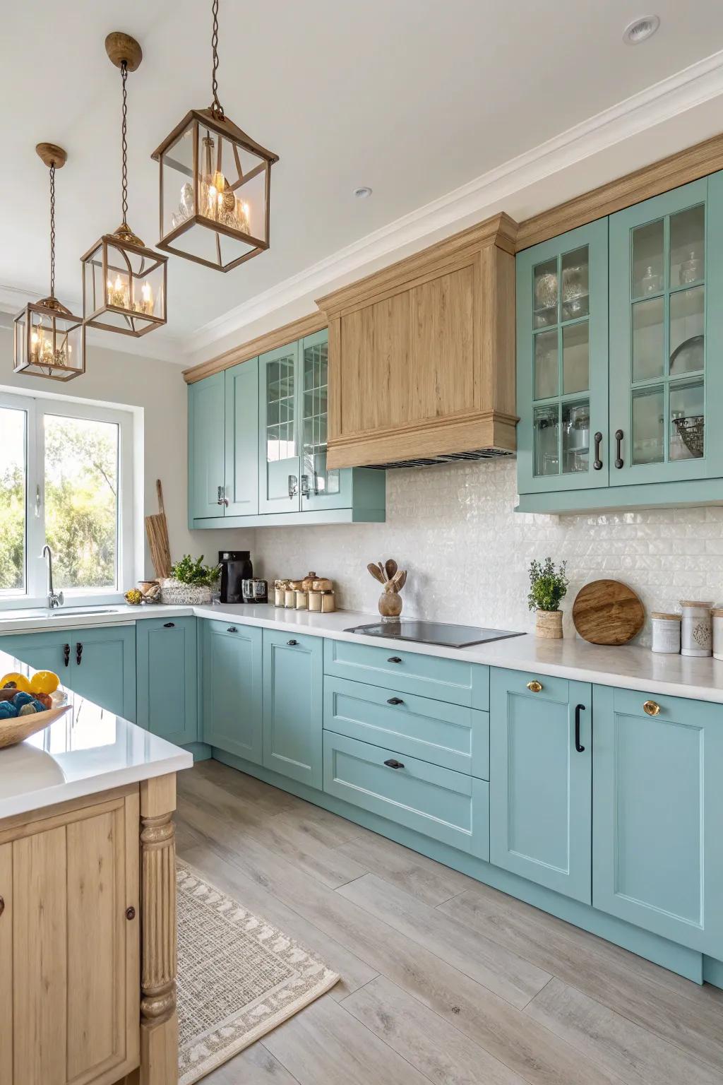 Aqua blue and light wood create a serene coastal vibe.