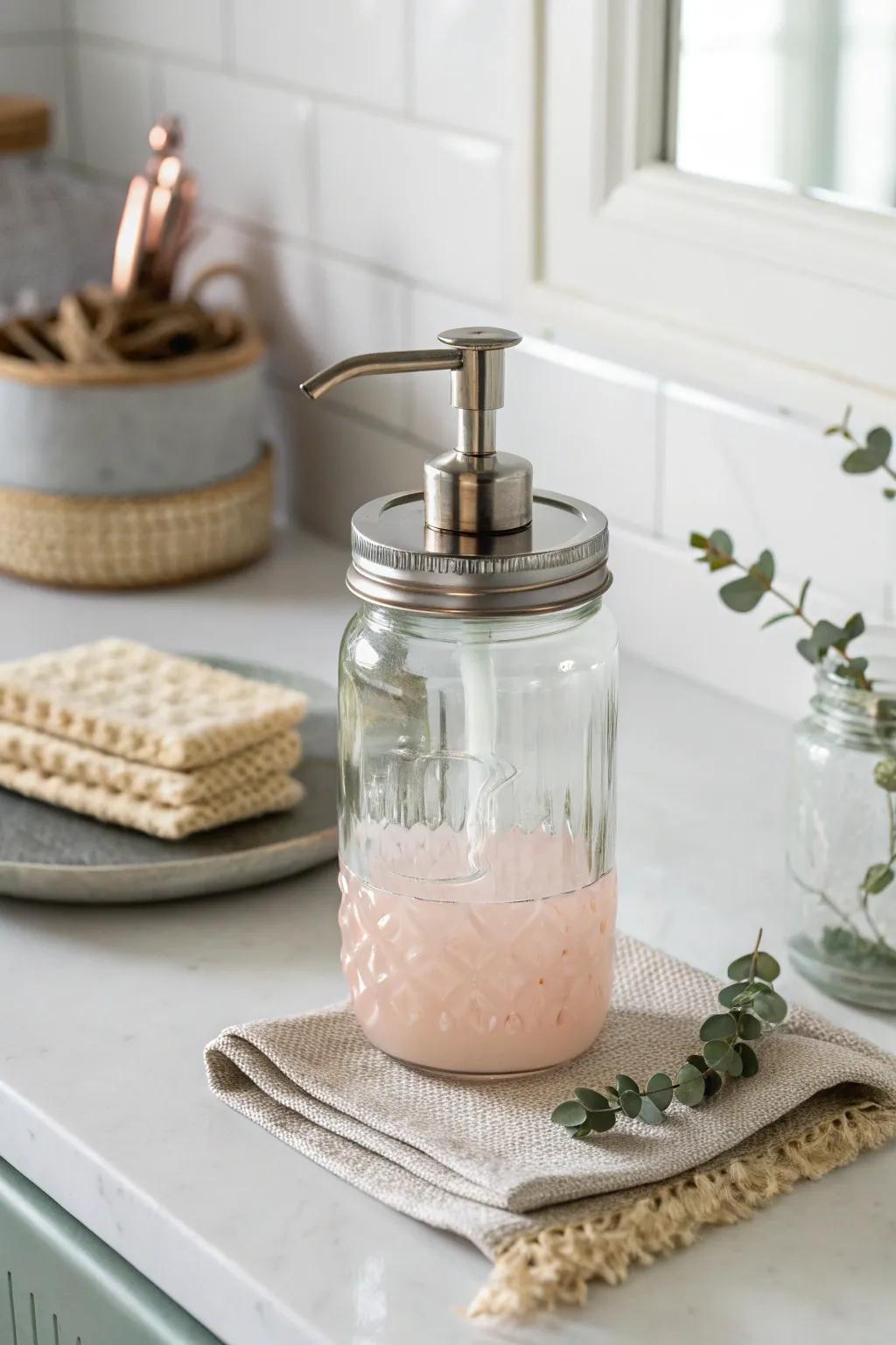 Transform your kitchen with a charming mason jar soap dispenser—where vintage meets minimalist beauty. #KitchenCrafts #ScandiBoho