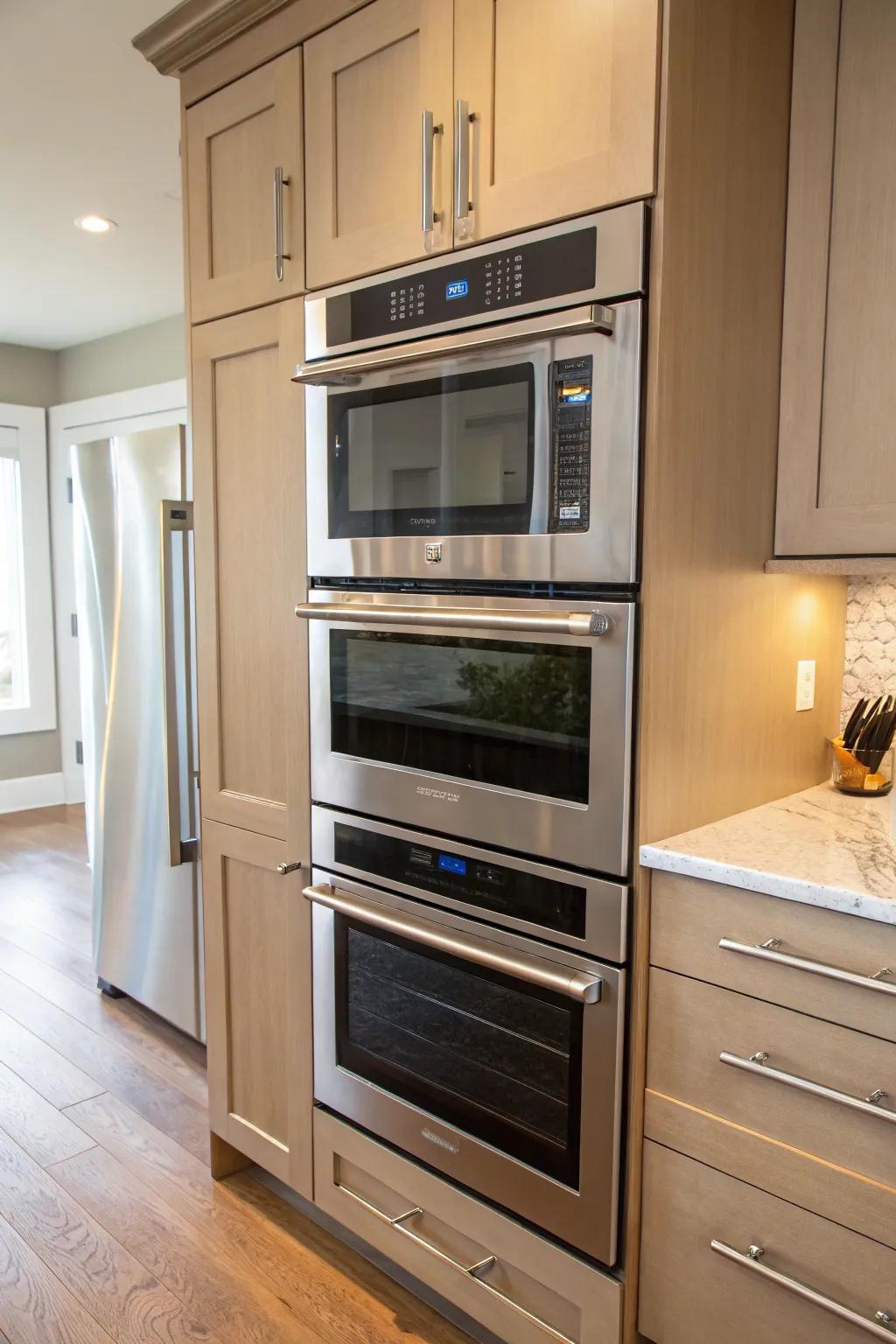 A cohesive column of appliances featuring double ovens, creating a seamless look.