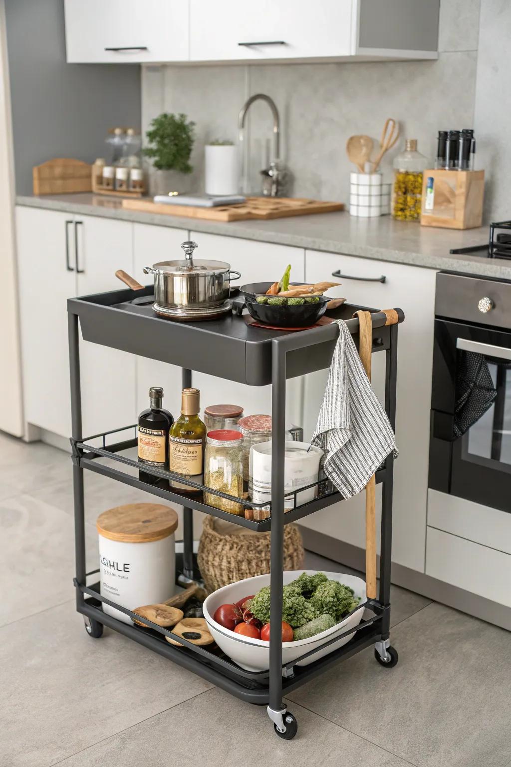 A movable kitchen cart that offers flexibility and storage.