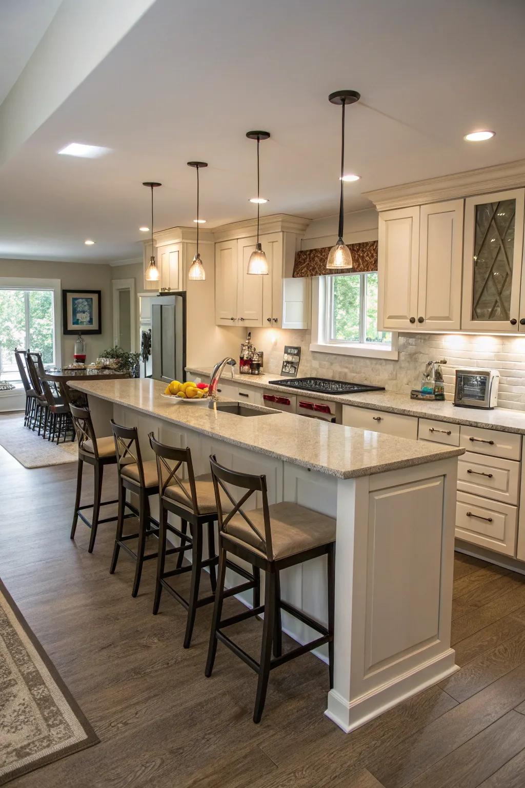 A peninsula layout maximizes countertop space in compact kitchens.