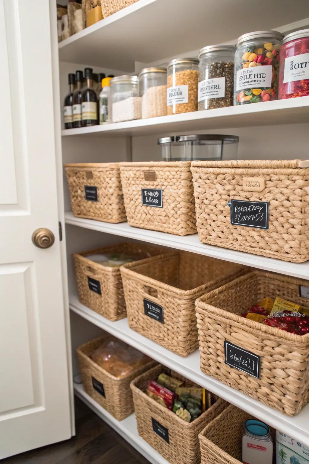 Labeled baskets bring order and style to pantry organization.