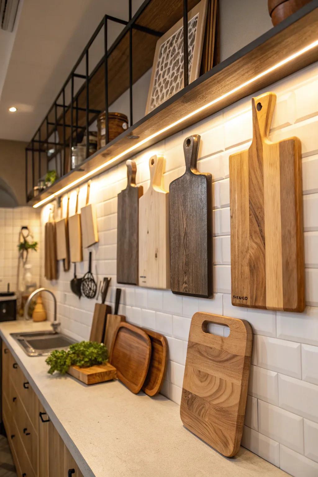 A cutting board gallery wall combines utility with style.