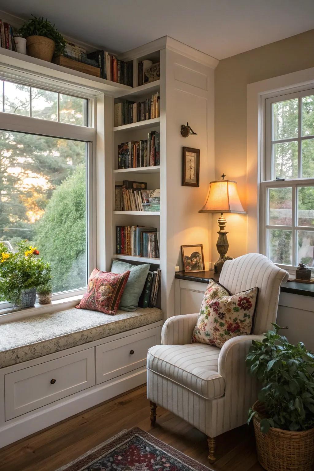 A window seat serves as a peaceful reading nook.