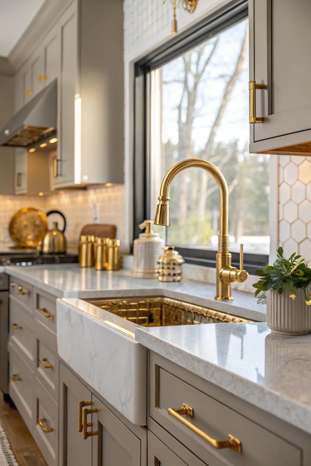 Mixing metals with gold hardware adds depth and character to the kitchen design.