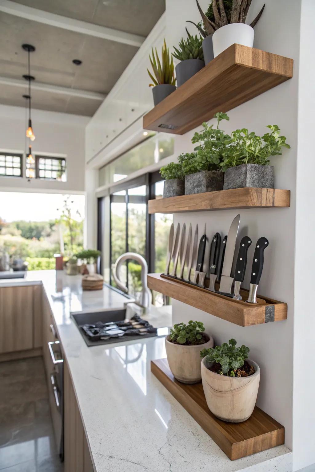 Floating shelves create a chic and customizable display.