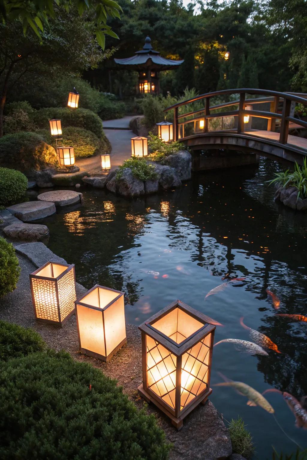 Lanterns add rustic charm and warmth around the koi pond.