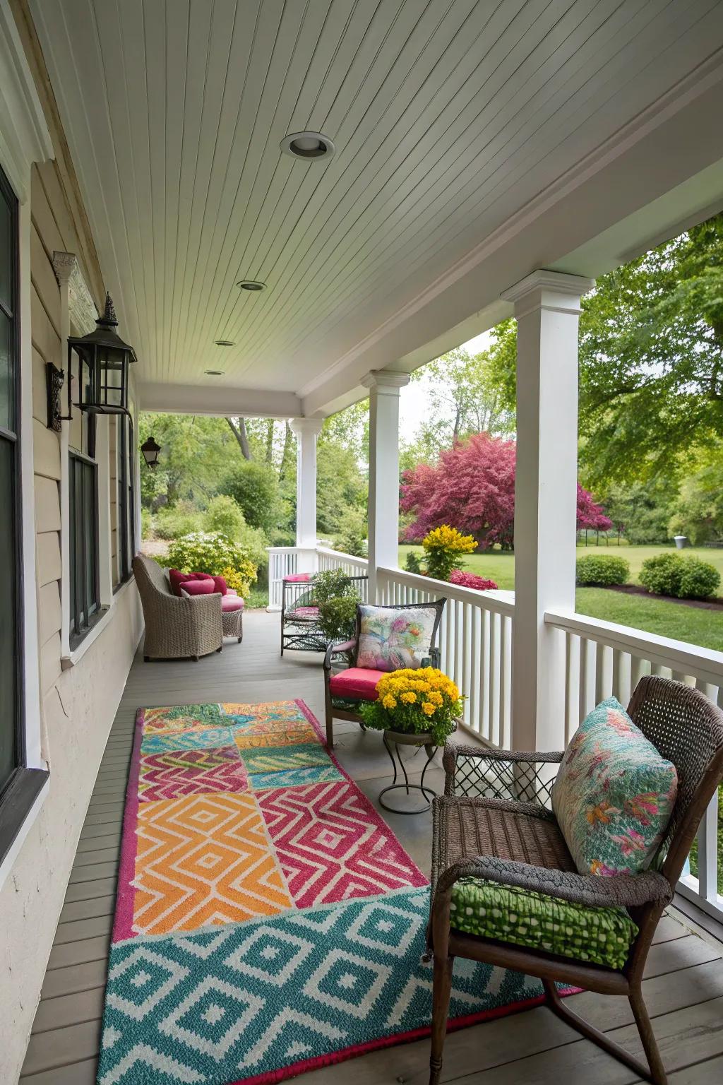 Outdoor rugs adding warmth and style to the porch.