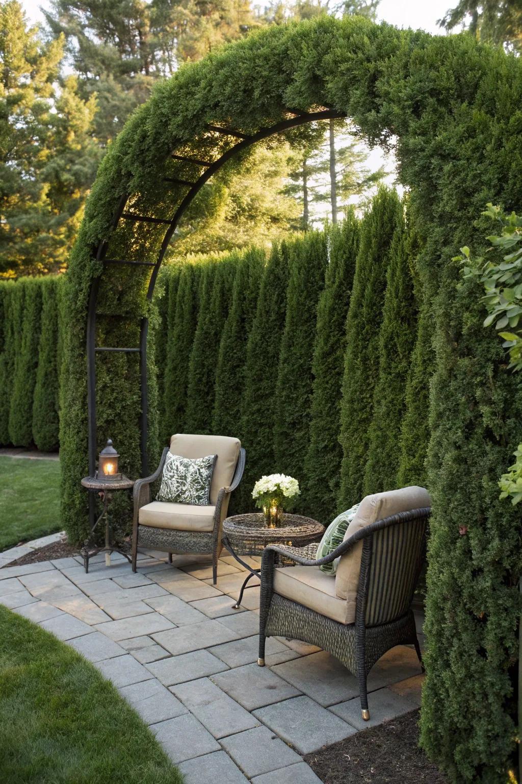 A charming curved arborvitae hedge creating a private garden nook.