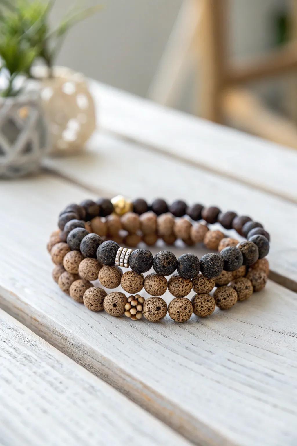 Embrace the art of layering with these stunning lava bead bracelets—your perfect blend of style and simplicity.
