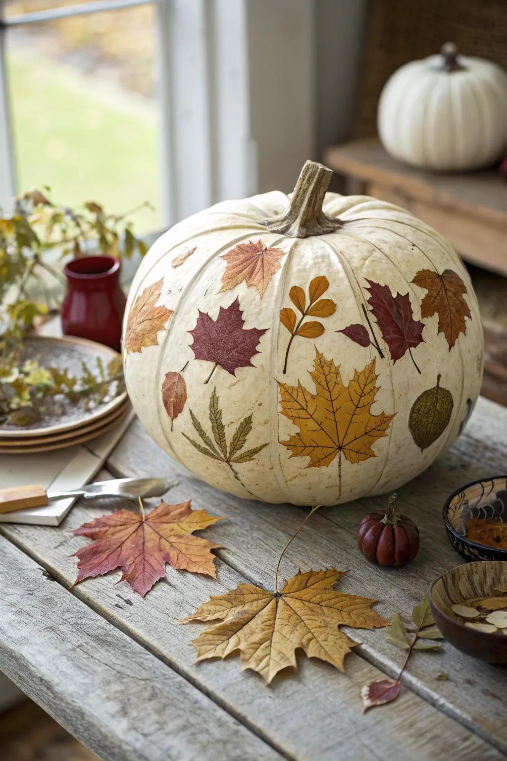 A charming leaf decoupage pumpkin, perfect for autumn decor.