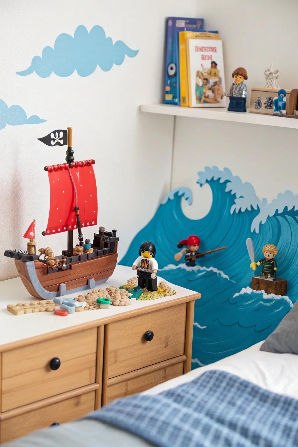 A pirate-themed LEGO wall adds adventure to this child's bedroom.