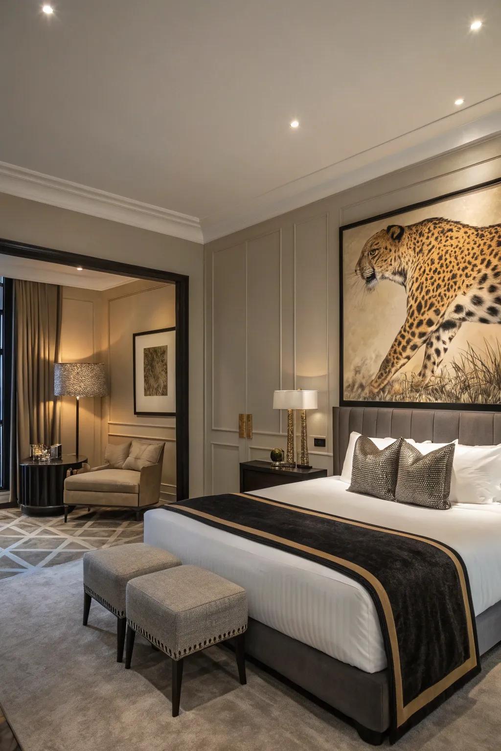 Leopard print artwork adds an artistic edge to any bedroom.