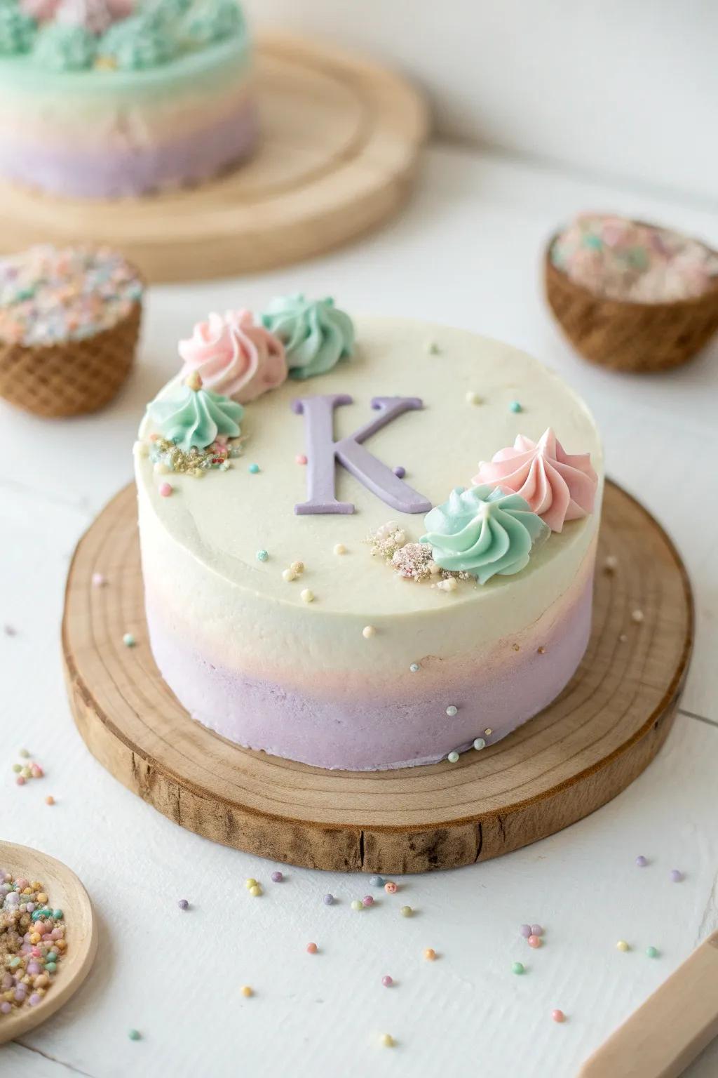 Indulge in the elegance of pastel perfection with this enchanting K cake, where simplicity meets natural beauty.
