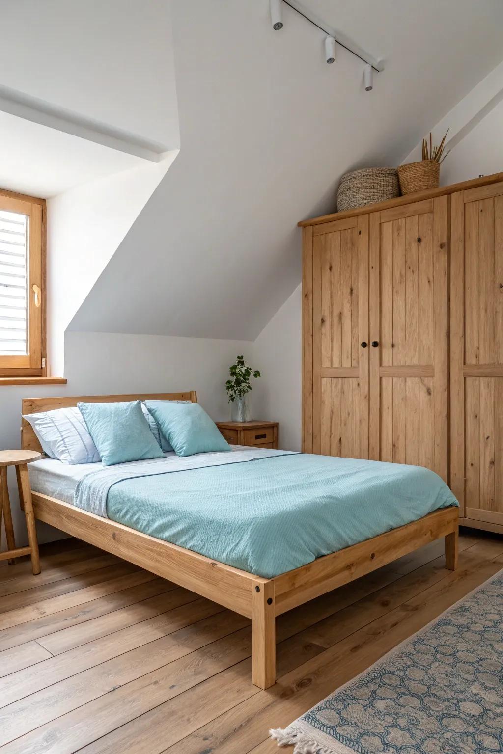 Embrace Scandinavian simplicity with light blue bedding and natural wood.