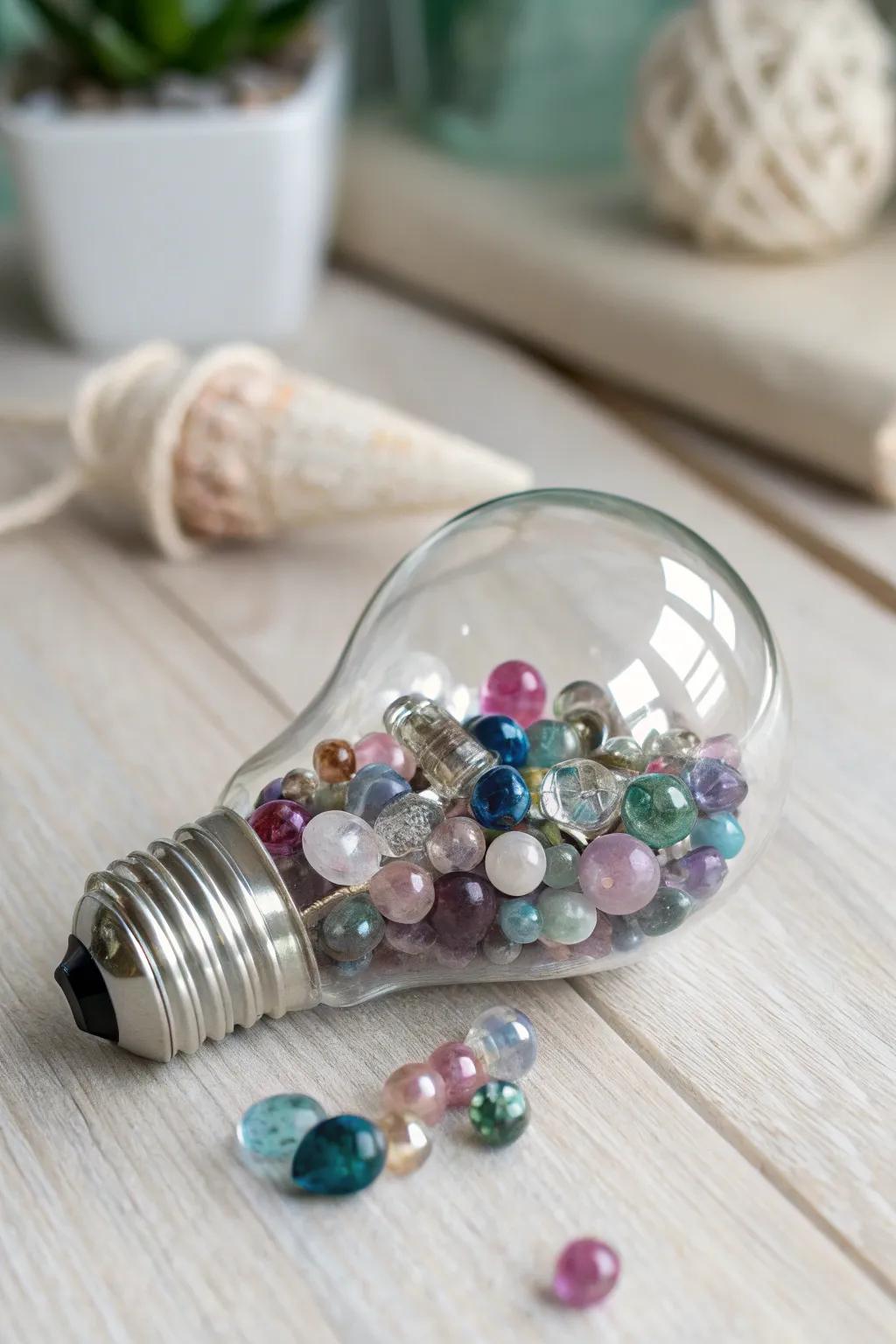 Transform ordinary light bulbs into stunning gem-filled centerpieces, adding a splash of color and creativity to your decor!